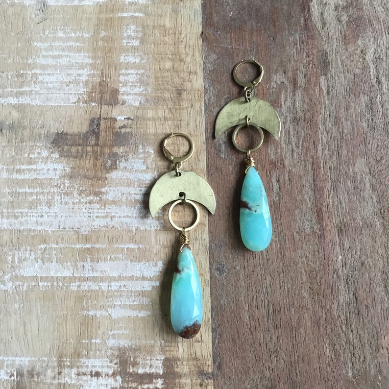 Hammered brass crescent moon earrings with chrysoprase
