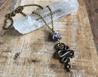 Brass snake necklace with porcelain jasper