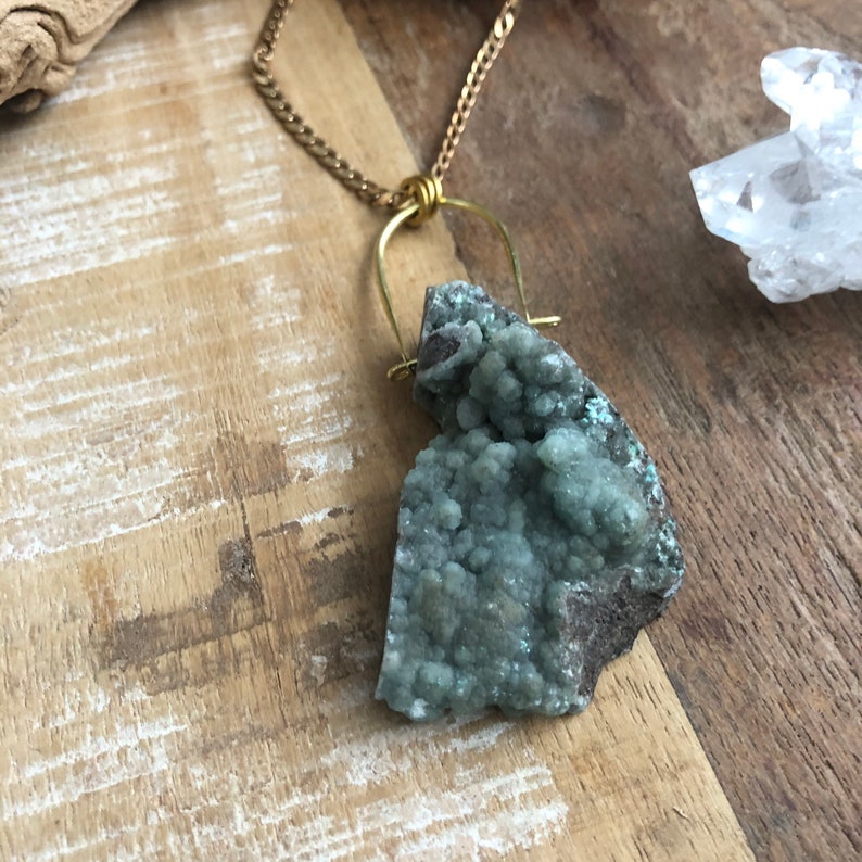Raw hemimorphite cluster and hammered brass necklace