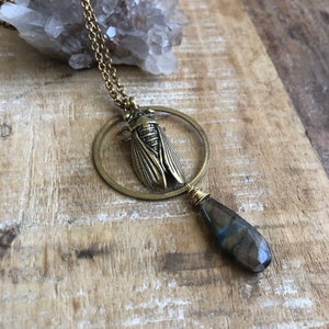 Brass cicada necklace with labradorite