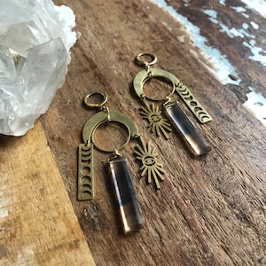 Hammered brass celestial earrings with fluorite