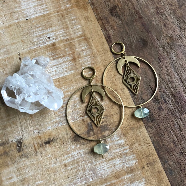 Hammered Brass and prehnite hoops