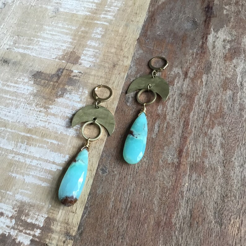 Hammered brass crescent moon earrings with chrysoprase