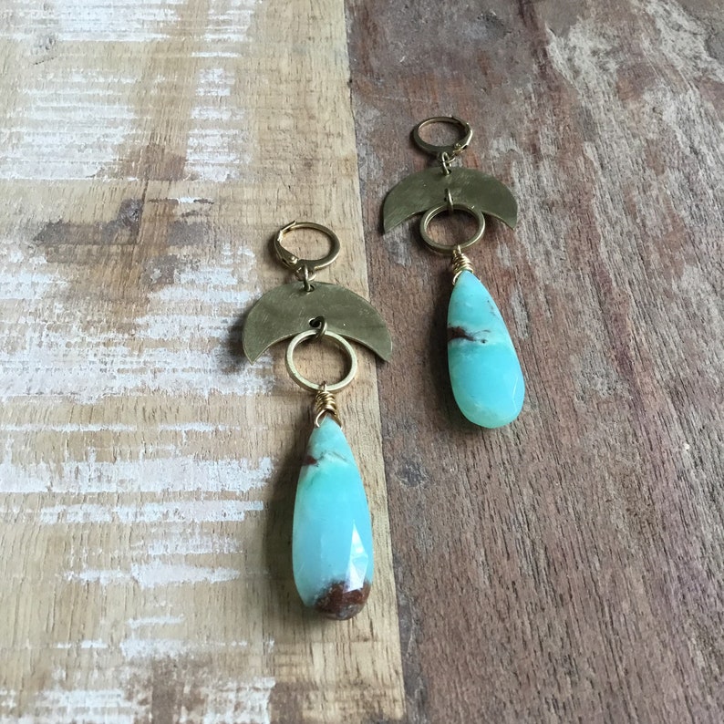 Hammered brass crescent moon earrings with chrysoprase