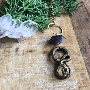 Brass snake necklace with amethyst