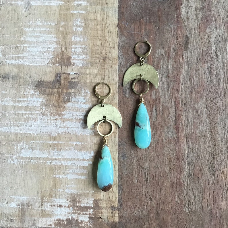 Hammered brass crescent moon earrings with chrysoprase