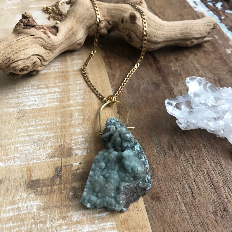 Raw hemimorphite cluster and hammered brass necklace