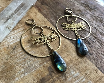 Brass dangle earrings with dragonflies and labradorite