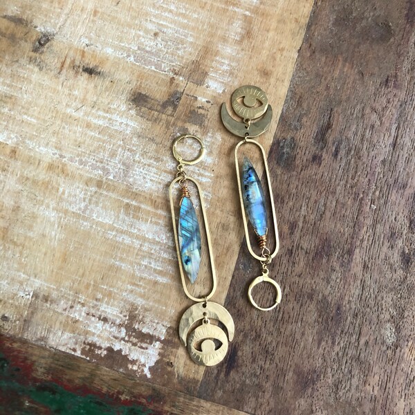 Hammered brass statement earrings with labradorite