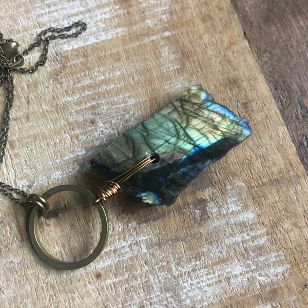 Raw labradorite and brass necklace