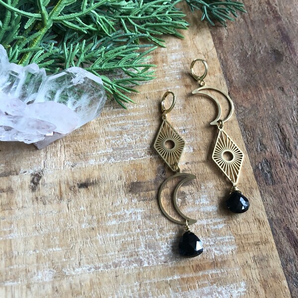 Celestial brass earrings with obsidian