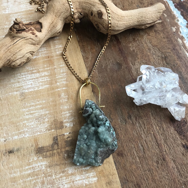 Raw hemimorphite cluster and hammered brass necklace