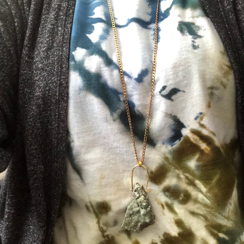 Raw hemimorphite cluster and hammered brass necklace