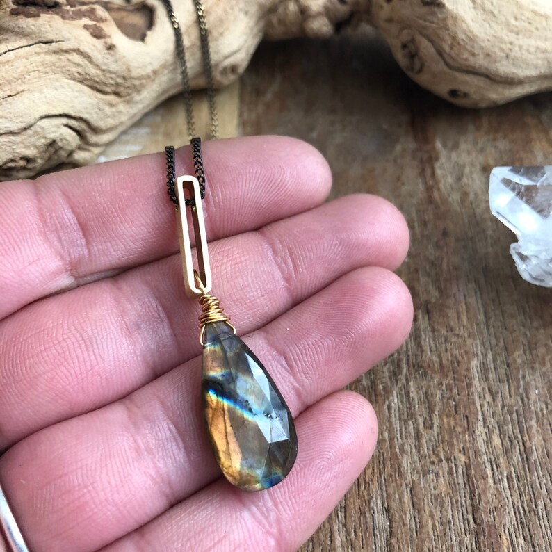Flashy labradorite and brass layering necklace
