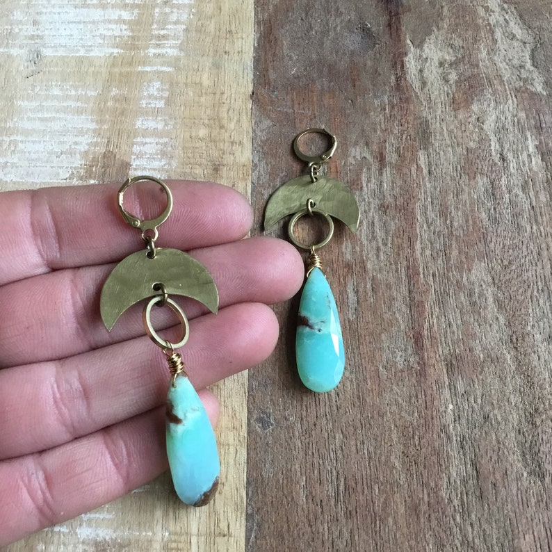 Hammered brass crescent moon earrings with chrysoprase