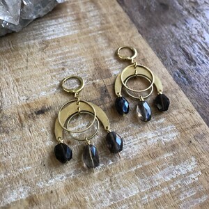 Hammered brass and Smokey quartz earrings