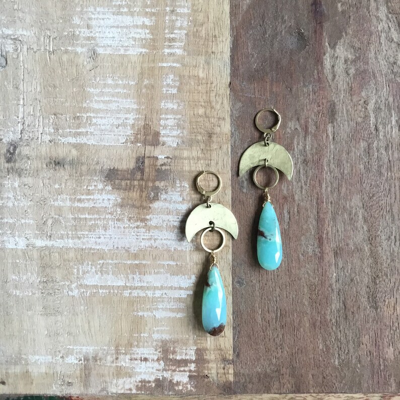 Hammered brass crescent moon earrings with chrysoprase