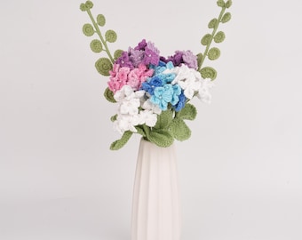 10PCS Crochet Hydrangea Bouquet, Knit Hydrangeas Flowers with Eucalyptus, Home Decor, Wedding, Mother's Day Gift