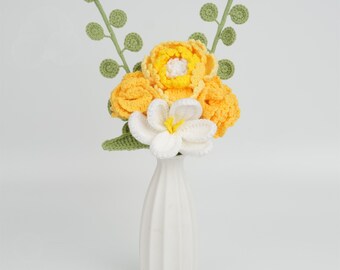 6PCS Handmade Crochet Peony&Carnation Bouquet, Knitted White Tulip/Eucalyptus, Mother's Day Gift