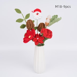 CLEARANCE 7/9PCS Handmade Crochet Santa Claus Bouquet For Christmas, Knitted Pinecone/Red Flower/Holly/Rose, Winter Bouquet, Xmas Gift