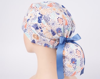 Blue Forest Floral Ponytail Scrub Caps for Long Hair, Stretch Surgical Scrub Hat with Forehead Sweatband, Adjustable Vet/Nursing Cap