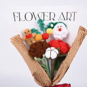 CLEARANCE 6PCS Handmade Crochet Bouquet For Christmas, Knitted Santa Claus,Rose,Carnation,Pinecone,Holly,Gingerbread Man,Cotton, Xmas Gift