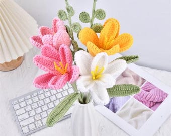 Handmade Tulip Bouquet, Crochet Tulip, Eucalyptus, Yarn Flower Arrangement for Home Decor, Wedding, Anniversary, Mother's Day