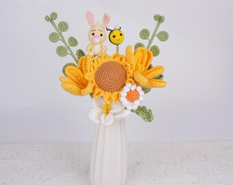 NEW! Handmade Crochet Rabbit Tulip Easter Bouquet, Rainbow Sunflowers Bee Flowers,Knit Daisy|Eucalyptus, Autumn/Housewarming Gift