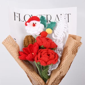 CLEARANCE 7PCS Handmade Crochet Bouquet For Christmas, Knitted Santa Claus,Rose,Pinecone,Holly,Fern,Gesang Flowers, Christmas Gift