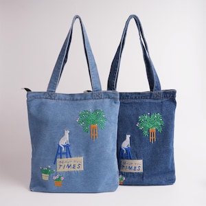 NEU! Gestickte Katze Canvas Denim Tasche, Schultertasche mit Reißverschluss & Tasche, süße Damentasche, Blumenweiße Kätzchentasche, Sommer / Strand Geschenk