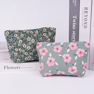 Floral Kosmetiktasche, Cord Reißverschluss-Beutel, grüne kleine Blume / Kirschblüte, Weihnachtsgeschenk