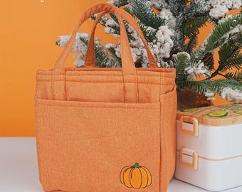 Pumpkin Insulated Lunch Tote with Drawstring Closure, Embroidery Canvas Bento Bag,  Keep Warm/Cold, Mother's Day Gift