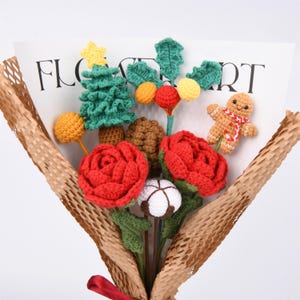 CLEARANCE 8PCS Handmade Crochet Bouquet For Christmas, Knitted Rose,Pinecone,Holly,Cotton,Reindeer,Tree,Gingerbread Man, Christmas Gift