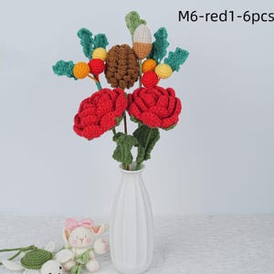 CLEARANCE 6PCS Handmade Crochet Rose Bouquet For Christmas, Knitted Pinecone/Greeny/Carnation Flowers, Winter Bouquet, Christmas Gift
