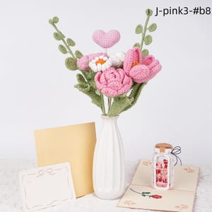 NEU! Handgefertigte gehäkelte Rosenbouque & Geschenkkarte für Valentinstaggeschenk, gestricktes Herz, Gänseblümchen und Tulpen, einzigartiges Geschenk für Frau, Freundin