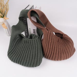 NOUVEAU ! Sac à main tricoté en tissu filé de couleur unie, sac au crochet marron/vert, sac en laine fait main, joli sac à main, cadeau pour maman, cadeau été/plage