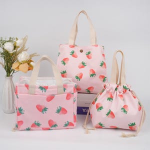 NEW! Pink Strawberry Lunch Bag For Kids/Adult, Strawberry Lovers Gifts, Drawstring Lunch Tote Keep Warm Cold, Back to School