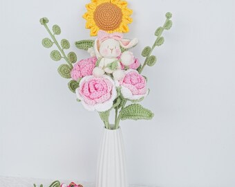 NEW! 8PCS Handmade Crochet Rabbit/Turtle Doll Bouquet, Knitted Roses Sunflower&Crochet Dolls, Birthday Gift, Teacher/Anniversary Gift