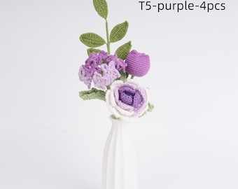 NEW! 4PCS Handmade Crochet Rose Tulip Carnation Bouquet, Knitted Flower Bouquet for Anniversary Gift, Birthday Gift, Home Decor,Summer Gift
