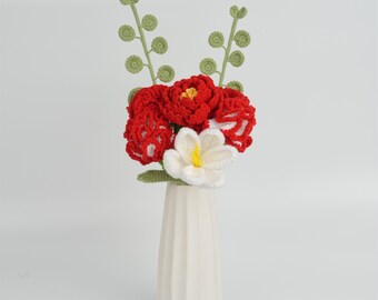 8PCS Handmade Crochet Peony&Carnation Bouquet, Knitted White Tulip/Eucalyptus, Mother's Day Gift
