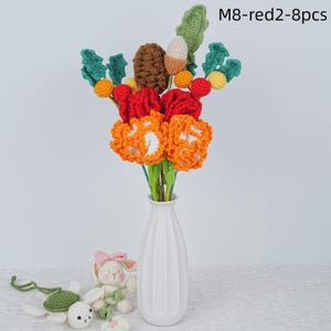 CLEARANCE 8PCS Handmade Crochet Orange Red Bouquet For Christmas, Knitted Pinecone/Greeny/Carnation/Rose Flowers, Winter Bouquet, Xmas Gift