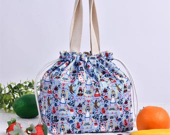 Cute Girl Lunch Bag with Drawstring, Fabric Drawstring Bag with Handles,  Christmas Gift for Her, Mother's Day Gift
