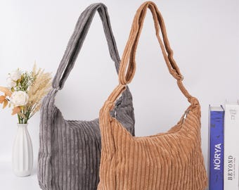 Gray/Brown Corduroy Corssbody Bag, Large Capacity Tote with Zipper, Adjustable Strap, Casual Everyday Bag, Mother's Day Gift