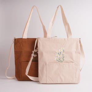 NOUVEAU ! Sac à main à bandoulière brodé marguerite en velours côtelé blanc, Cabas avec fermeture éclair et poche, Joli sac pour femme beige/marron avec fleurs, Cadeau d'anniversaire
