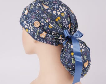 Easter Rabbit Blue Floral Ponytail Scrub Caps,Stretch Surgical Scrub Hat with Forehead Sweatband,Adjustable Vet/Nursing Cap