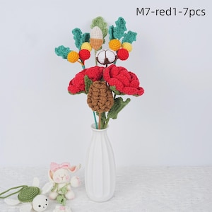 CLEARANCE 7PCS Handmade Crochet Rose Bouquet For Christmas, Knitted Cotton/Pinecone/Greeny/Carnation Flowers, Winter Bouquet, Christmas Gift
