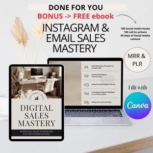 Op de afbeelding: Een digitale productmockup die een laptop en een tablet toont met de tekst "Instagram & Email Sales Mastery" en "Digital Sales Mastery". Het laptopscherm toont een lijst met 5 stappen om de verkoop via Instagram en e-mailmarketing te maximaliseren. Het tabletscherm toont de tekst "19 Proven Sales Strategies for Instagram & Email".