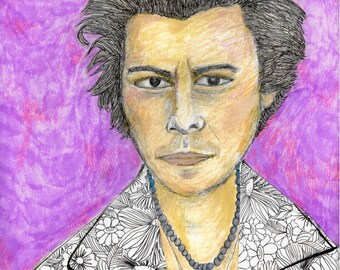 May include: A hand-drawn illustration of a person with dark hair and a floral patterned shirt. The person is wearing a necklace with a cross pendant. The background is a purple gradient.
