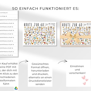 May include: A presentation of a printable 60th birthday gift. The design features the text "ROUTE ZUR 60" with various icons and stars. The image includes instructions on how to download, print, and frame the artwork. A gift box is shown with a gold ribbon.