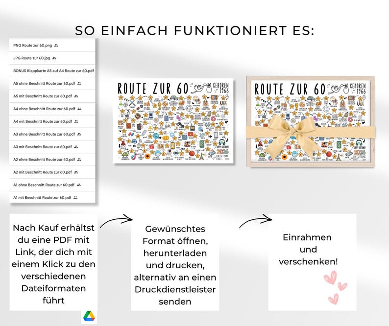 May include: A presentation of a printable 60th birthday gift. The design features the text "ROUTE ZUR 60" with various icons and stars. The image includes instructions on how to download, print, and frame the artwork. A gift box is shown with a gold ribbon.